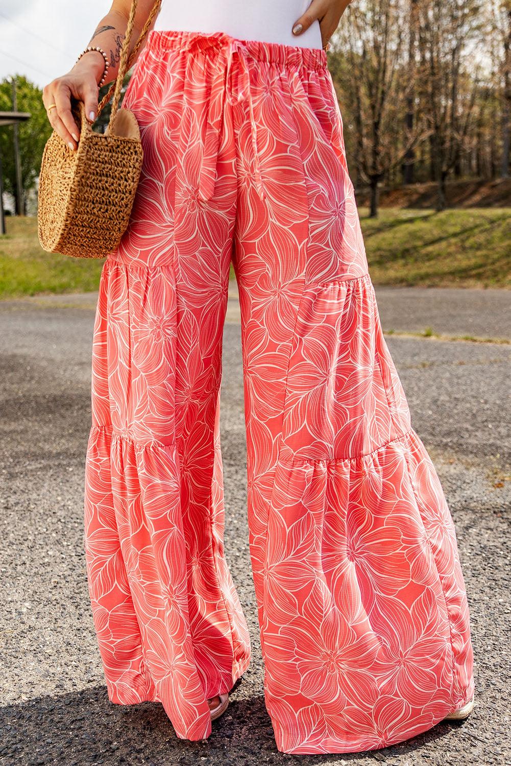 Pink Bohemian Floral Print Wide Leg Pants