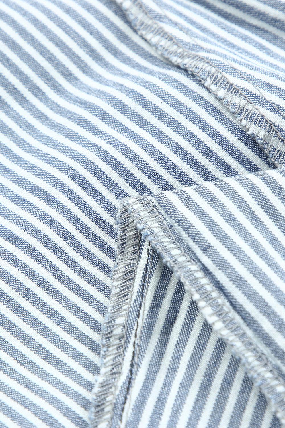 Blue Striped High-Waisted Bell Bottom Denim Pants with Pockets