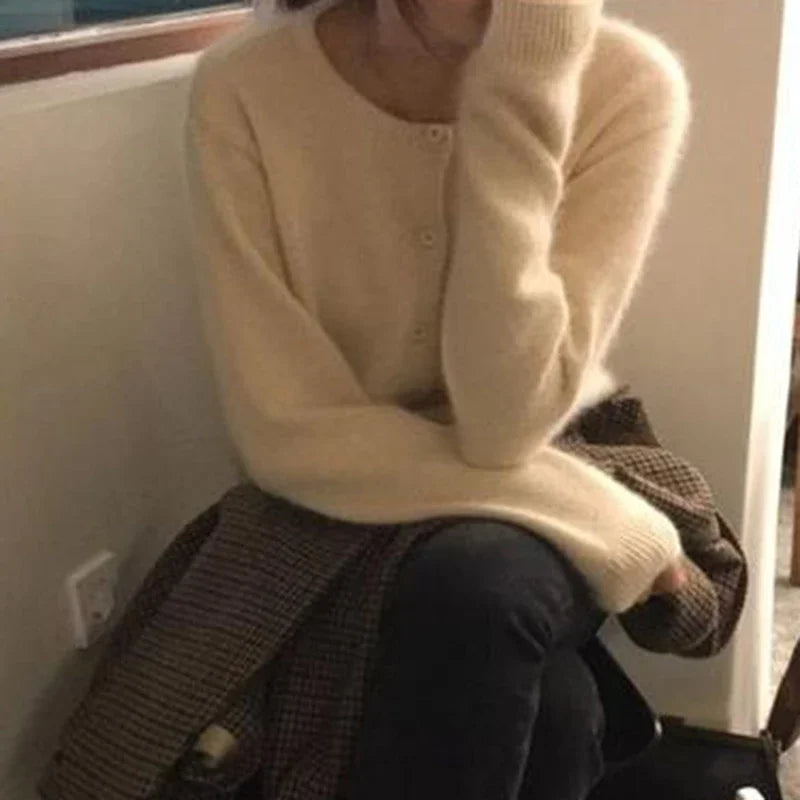 Solid Color Knitted Cardigan Round Neck Sweater