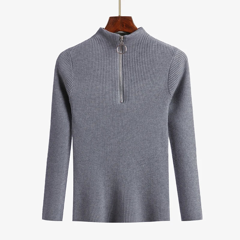 Solid Knitted Vintage Long Sleeve Zip-up Basic Half Turtleneck Sweater