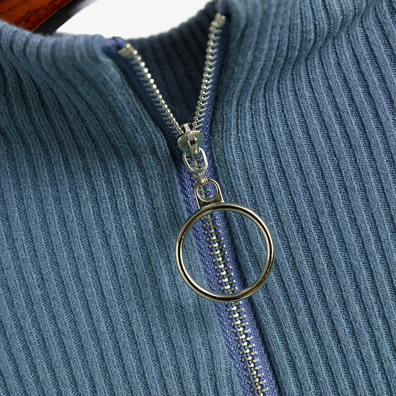 Solid Knitted Vintage Long Sleeve Zip-up Basic Half Turtleneck Sweater