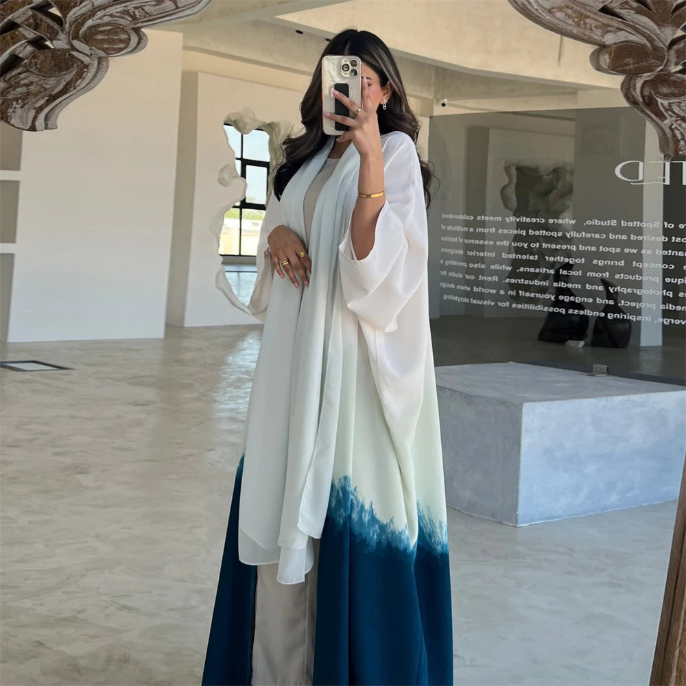 عباية كيمونو مفتوحة بتصميم جناح الخفاش مع صبغات التعادل