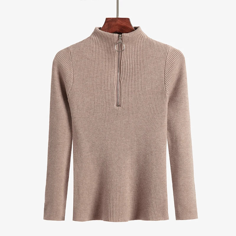 Solid Knitted Vintage Long Sleeve Zip-up Basic Half Turtleneck Sweater
