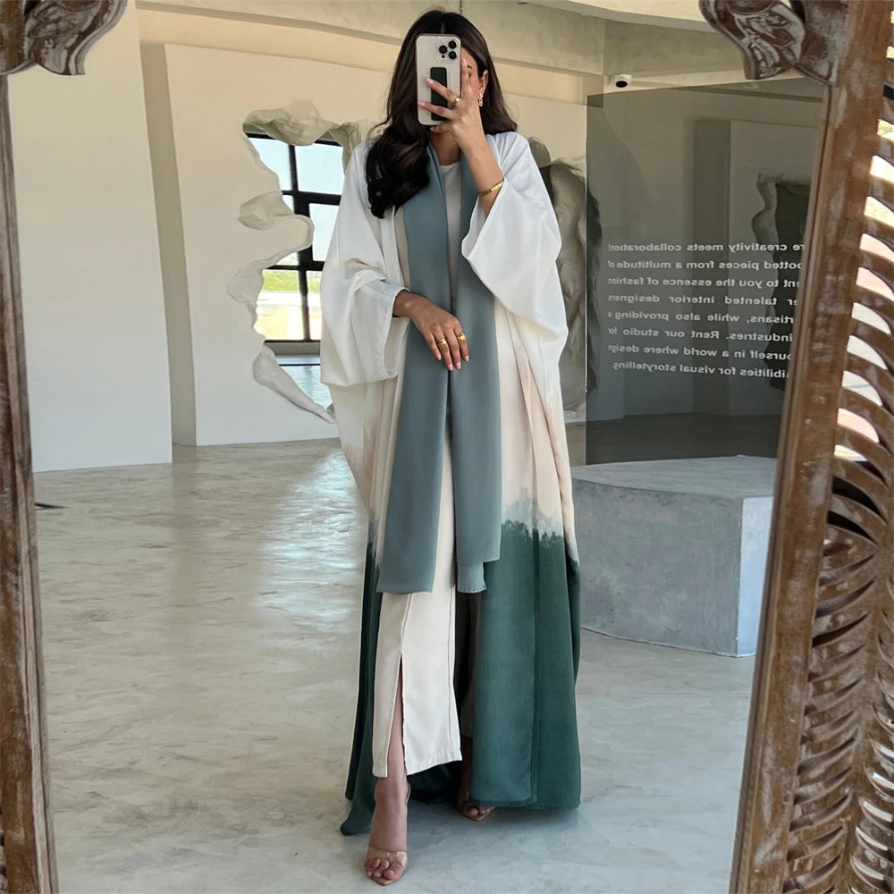 عباية كيمونو مفتوحة بتصميم جناح الخفاش مع صبغات التعادل