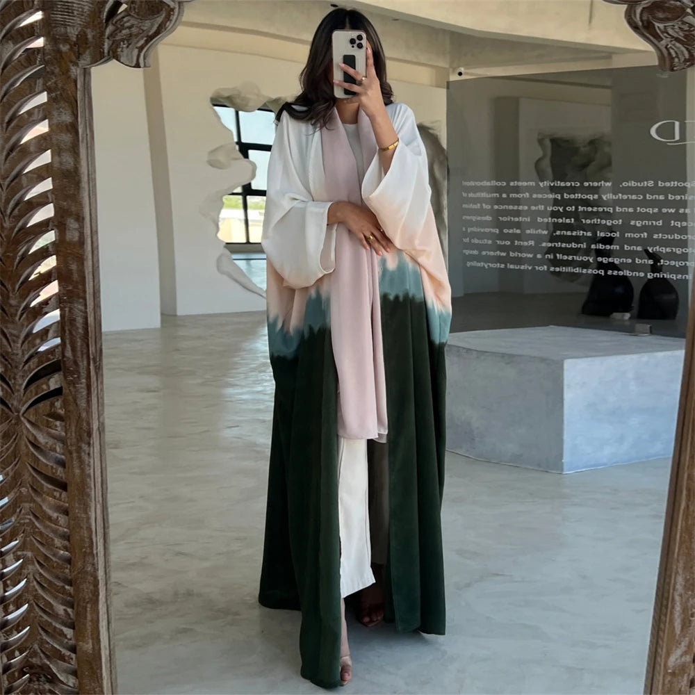 عباية كيمونو مفتوحة بتصميم جناح الخفاش مع صبغات التعادل