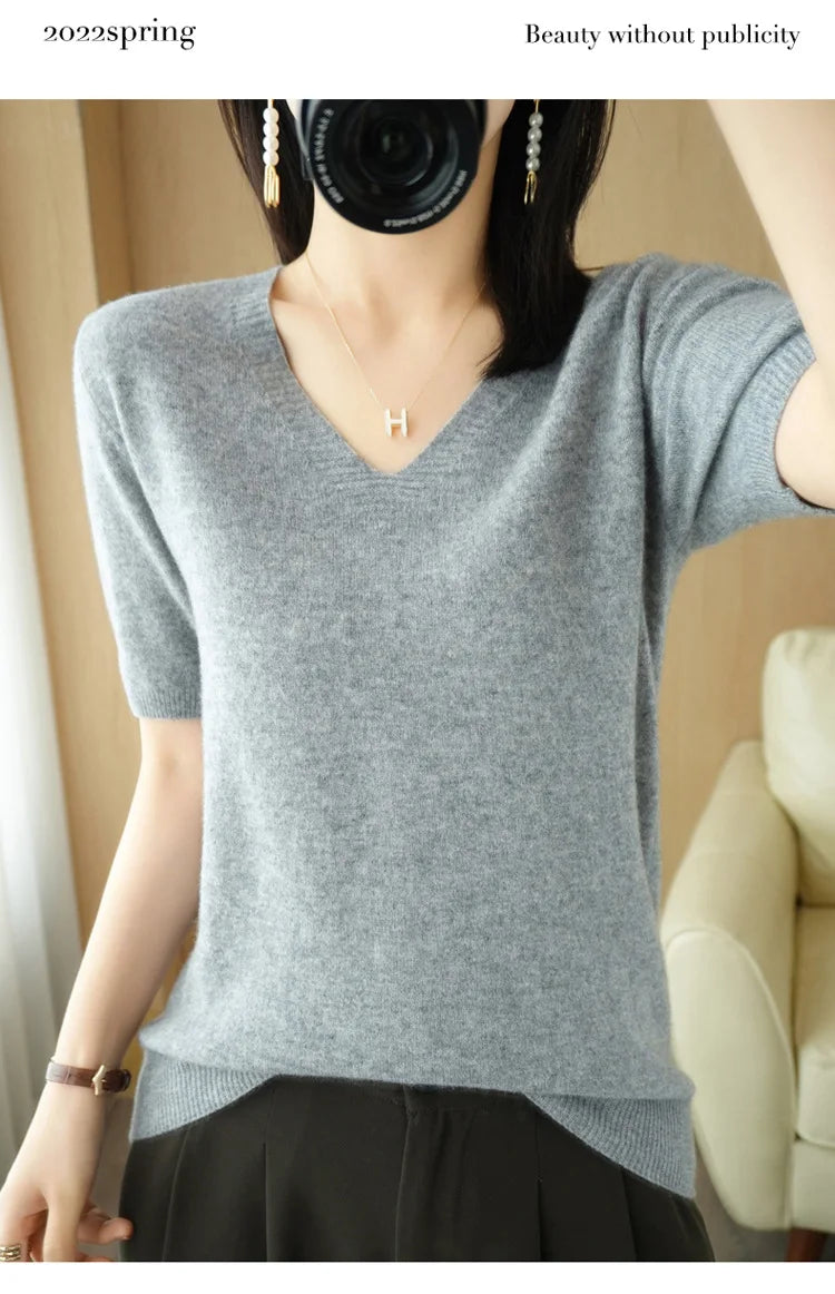 Solid Color V-neck Half-sleeved Knitted Cashmere Sweater Thin Casual Top