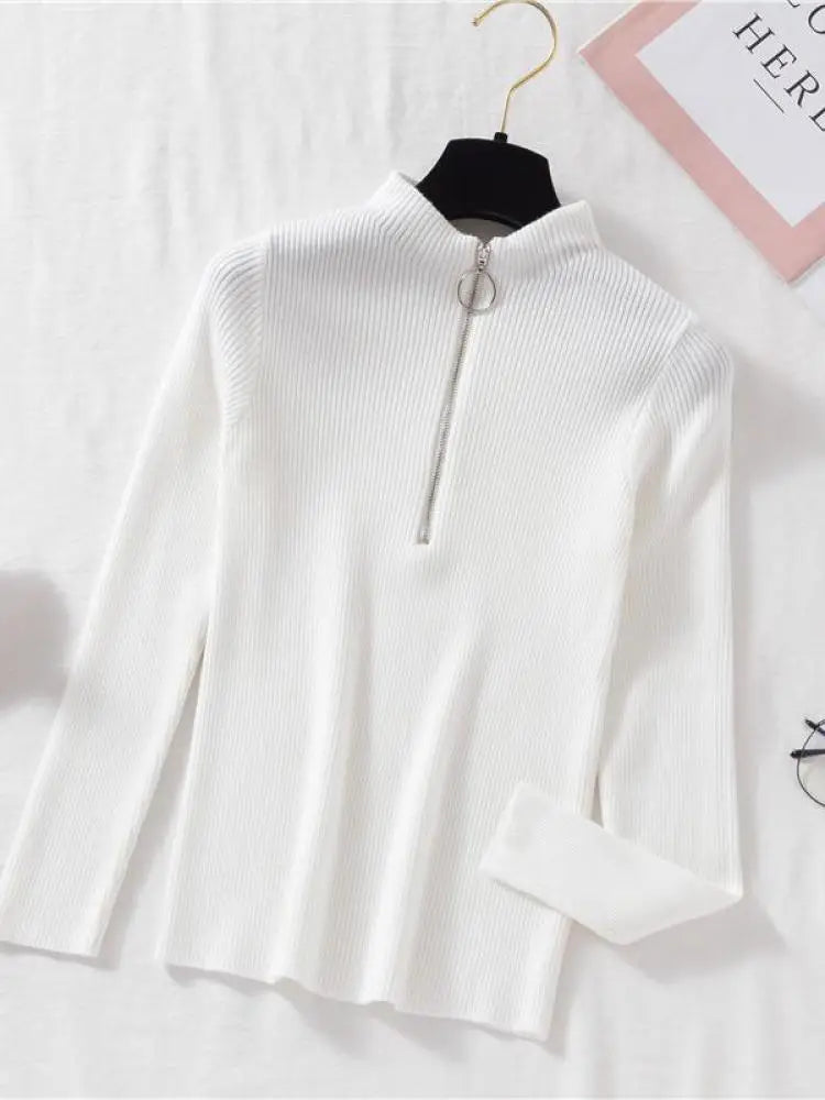 Solid Knitted Vintage Long Sleeve Zip-up Basic Half Turtleneck Sweater