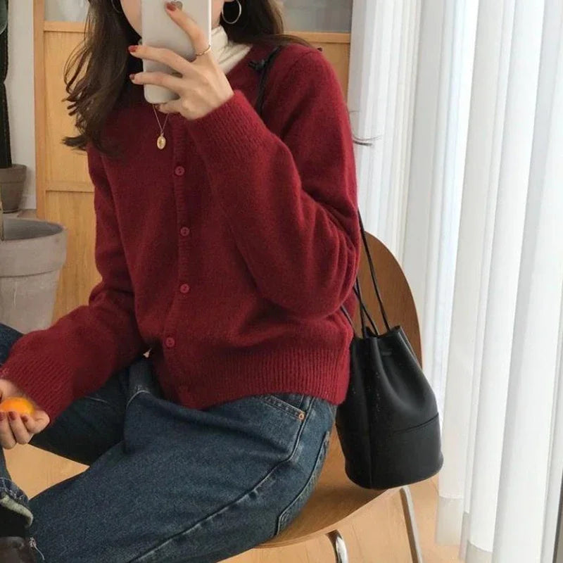 Solid Color Knitted Cardigan Round Neck Sweater
