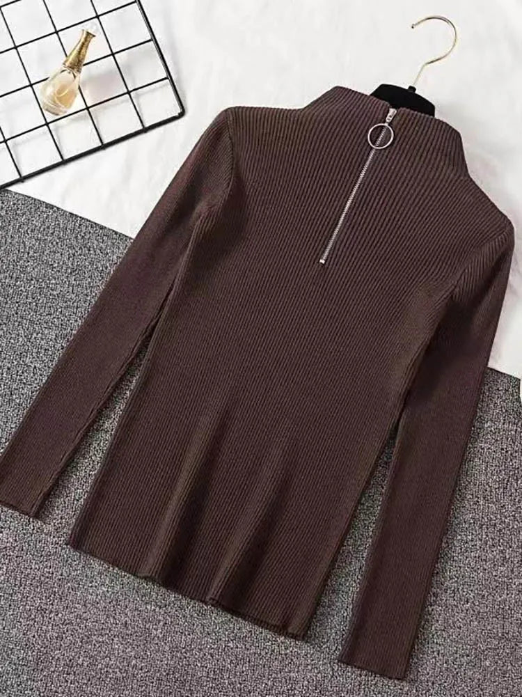 Solid Knitted Vintage Long Sleeve Zip-up Basic Half Turtleneck Sweater