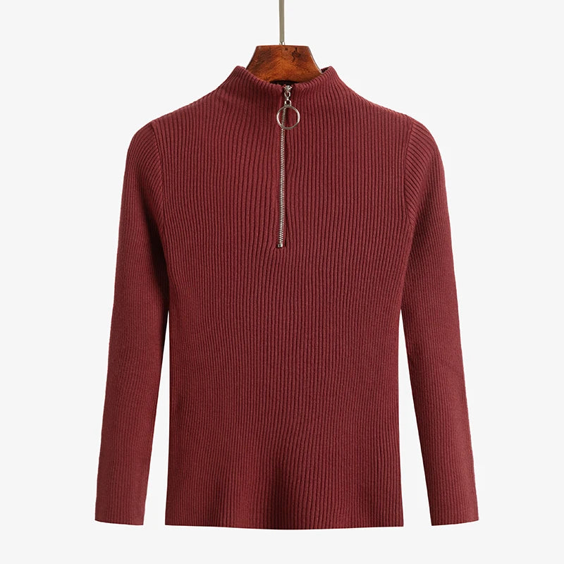 Solid Knitted Vintage Long Sleeve Zip-up Basic Half Turtleneck Sweater