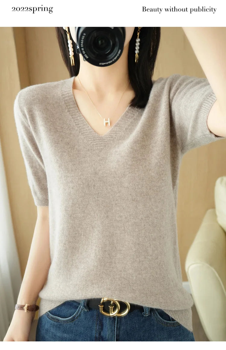 Solid Color V-neck Half-sleeved Knitted Cashmere Sweater Thin Casual Top