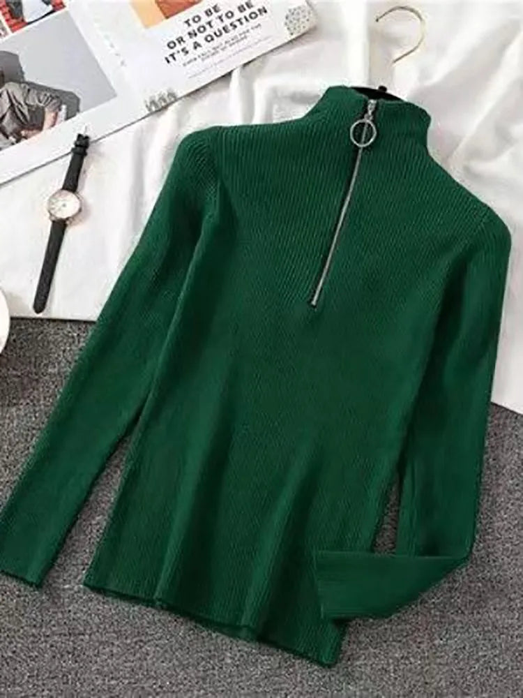 Solid Knitted Vintage Long Sleeve Zip-up Basic Half Turtleneck Sweater