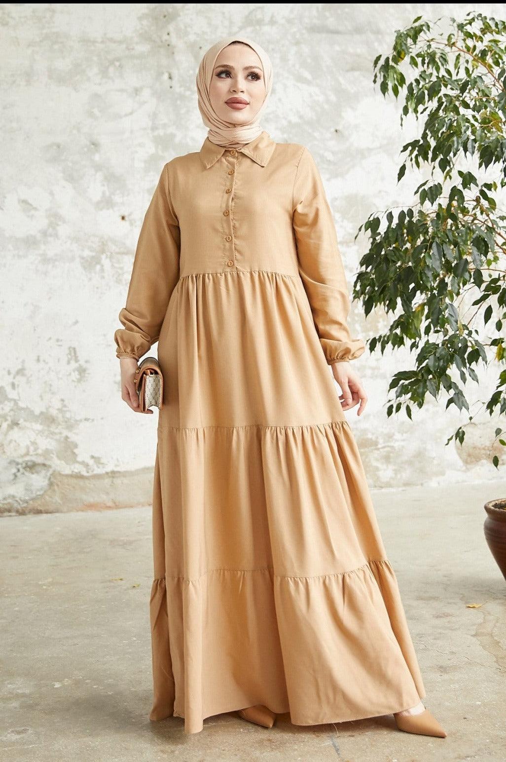 Womens Modest Long Collar Dress - Beige