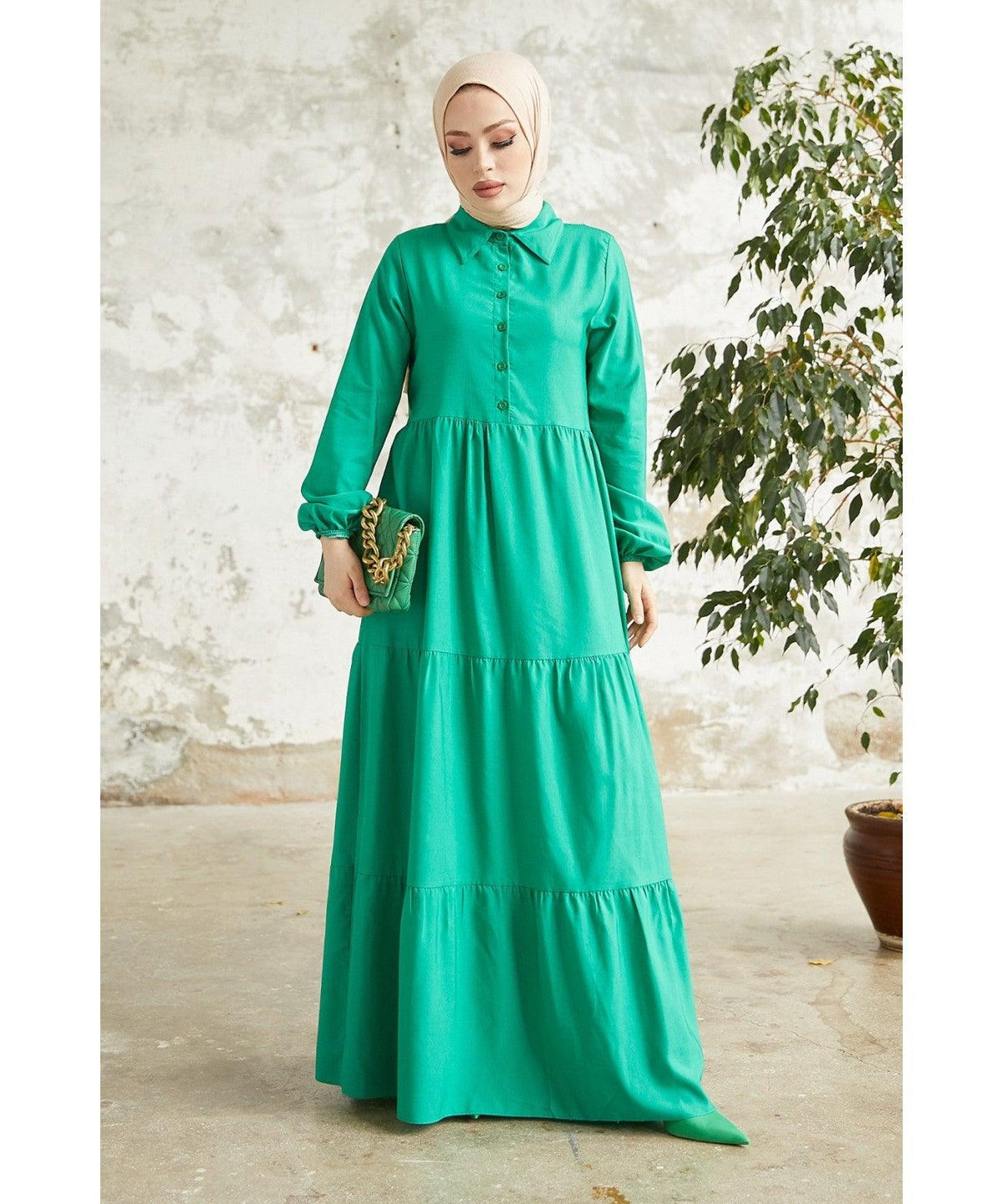 Modest Long Collar Tiered Abaya Eid Dress for Women
