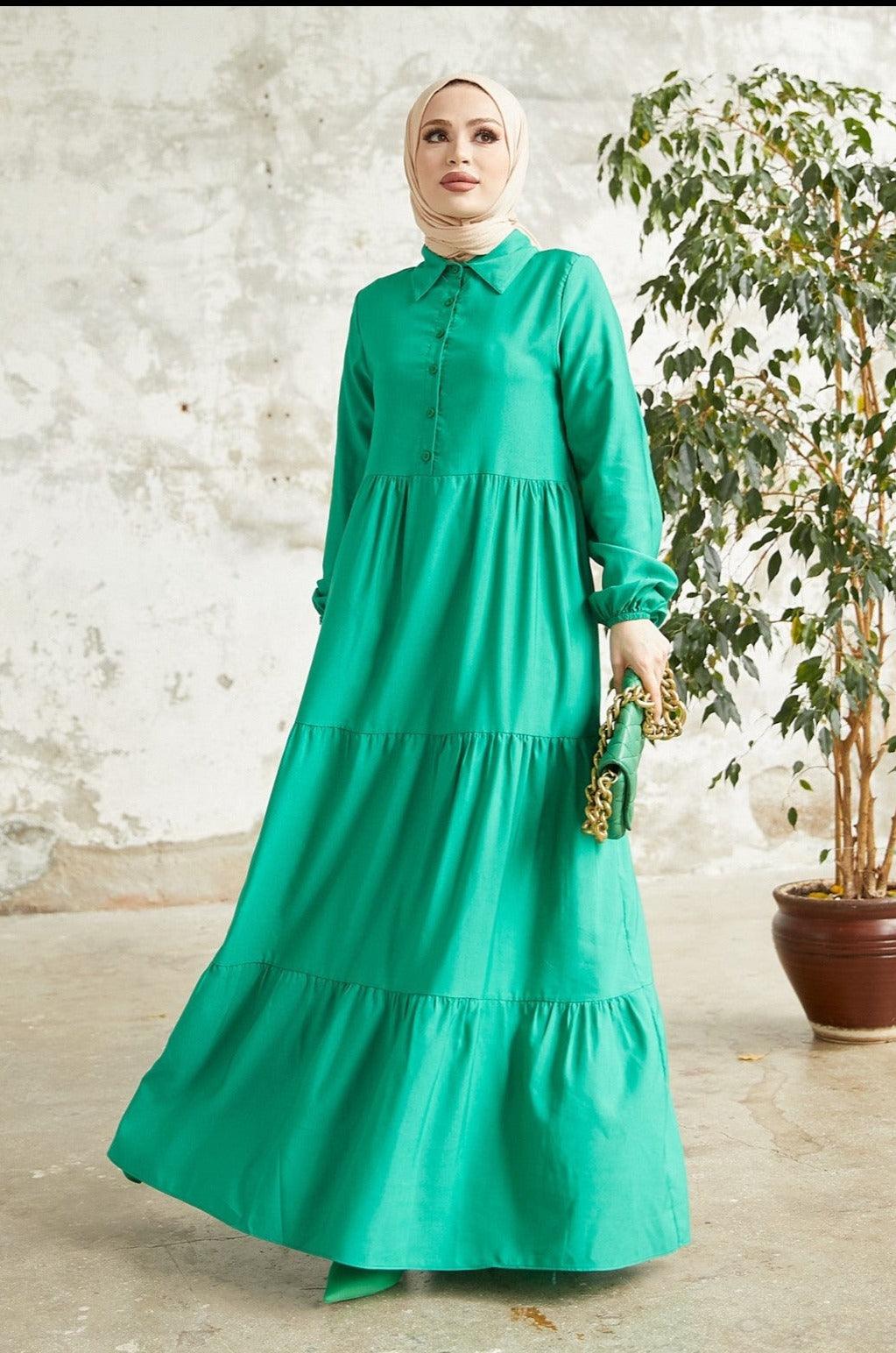 Modest Long Collar Dress for Women - Green