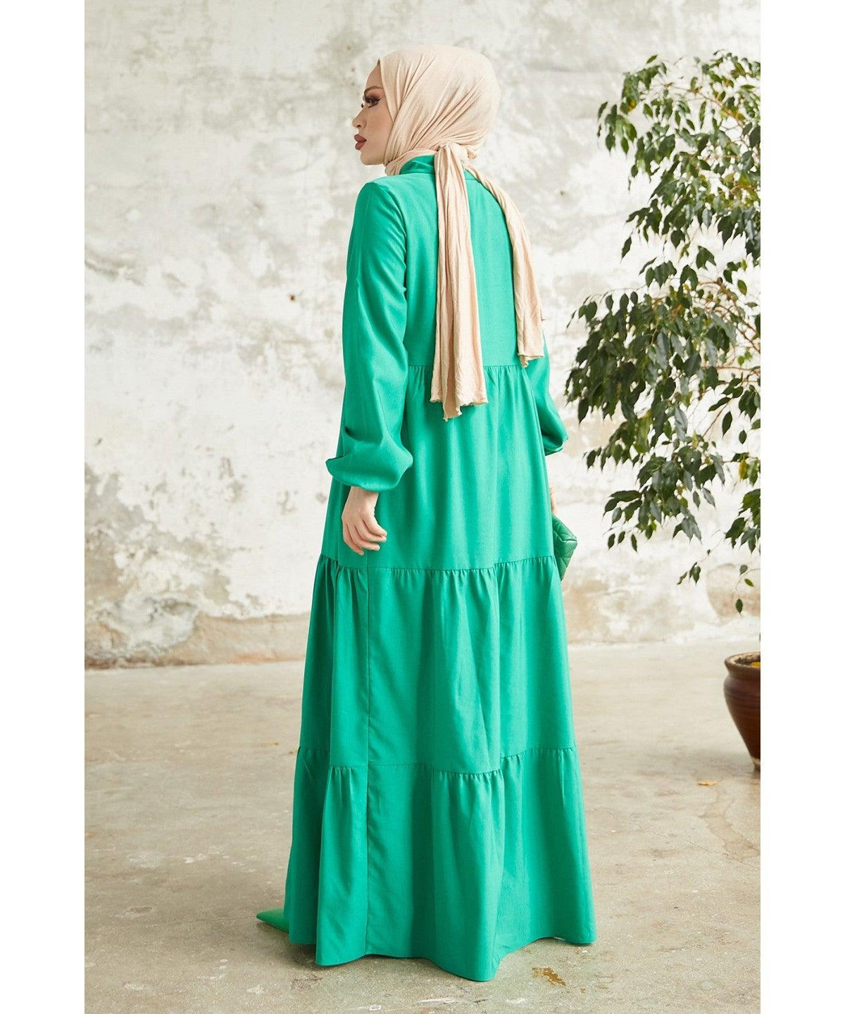 Modest Long Collar Tiered Abaya Eid Dress for Women