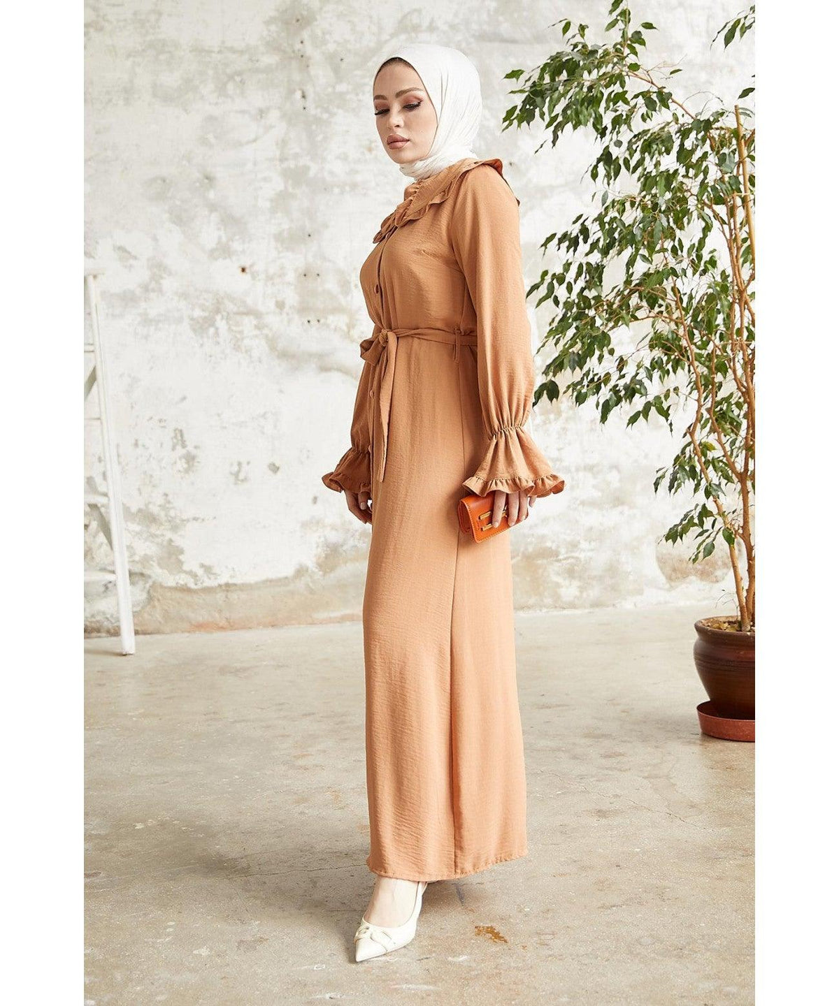 Salmon Brown Sleeve Frill Baby Collar Dress for Women