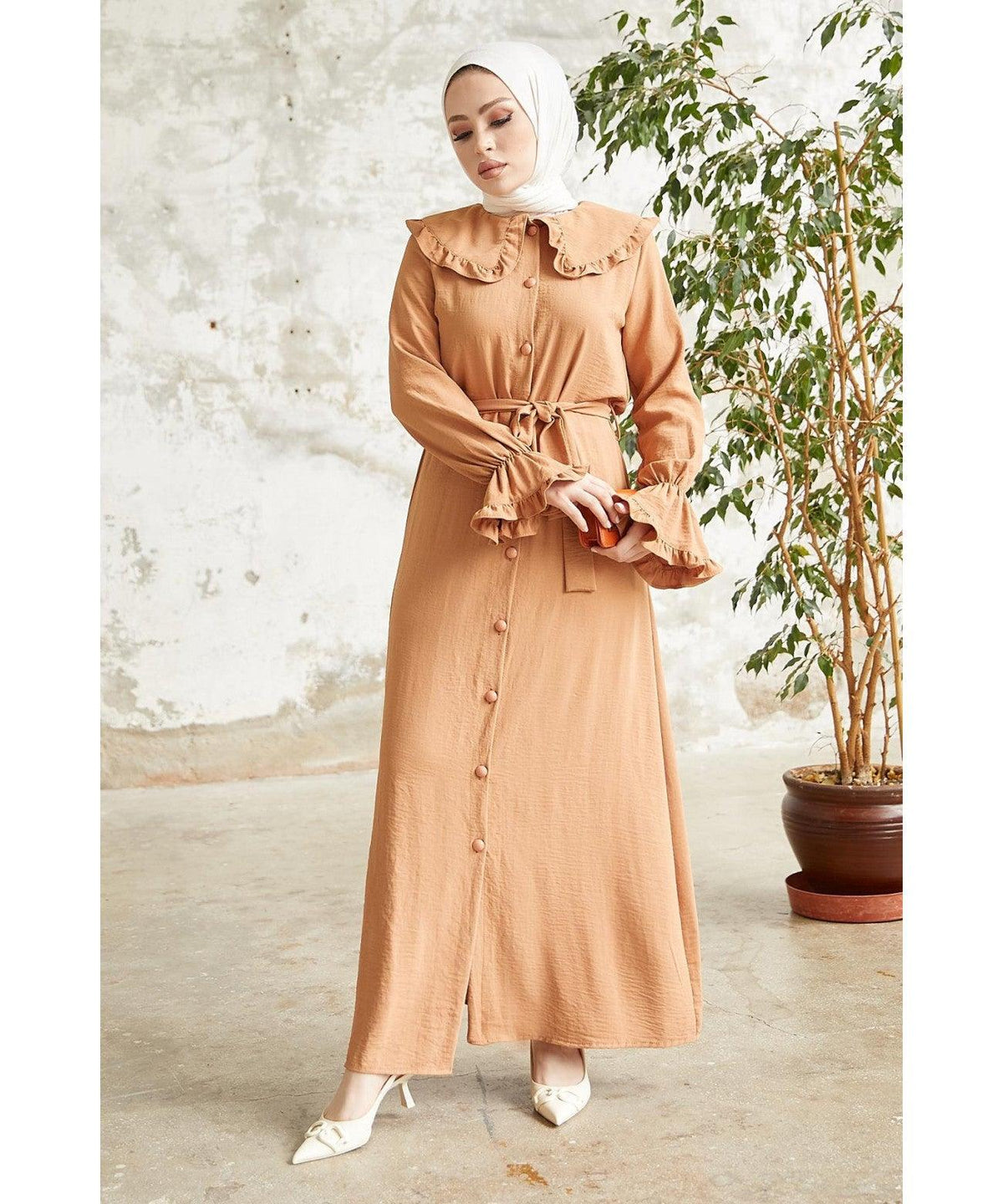 Salmon Brown Sleeve Frill Baby Collar Dress for Women