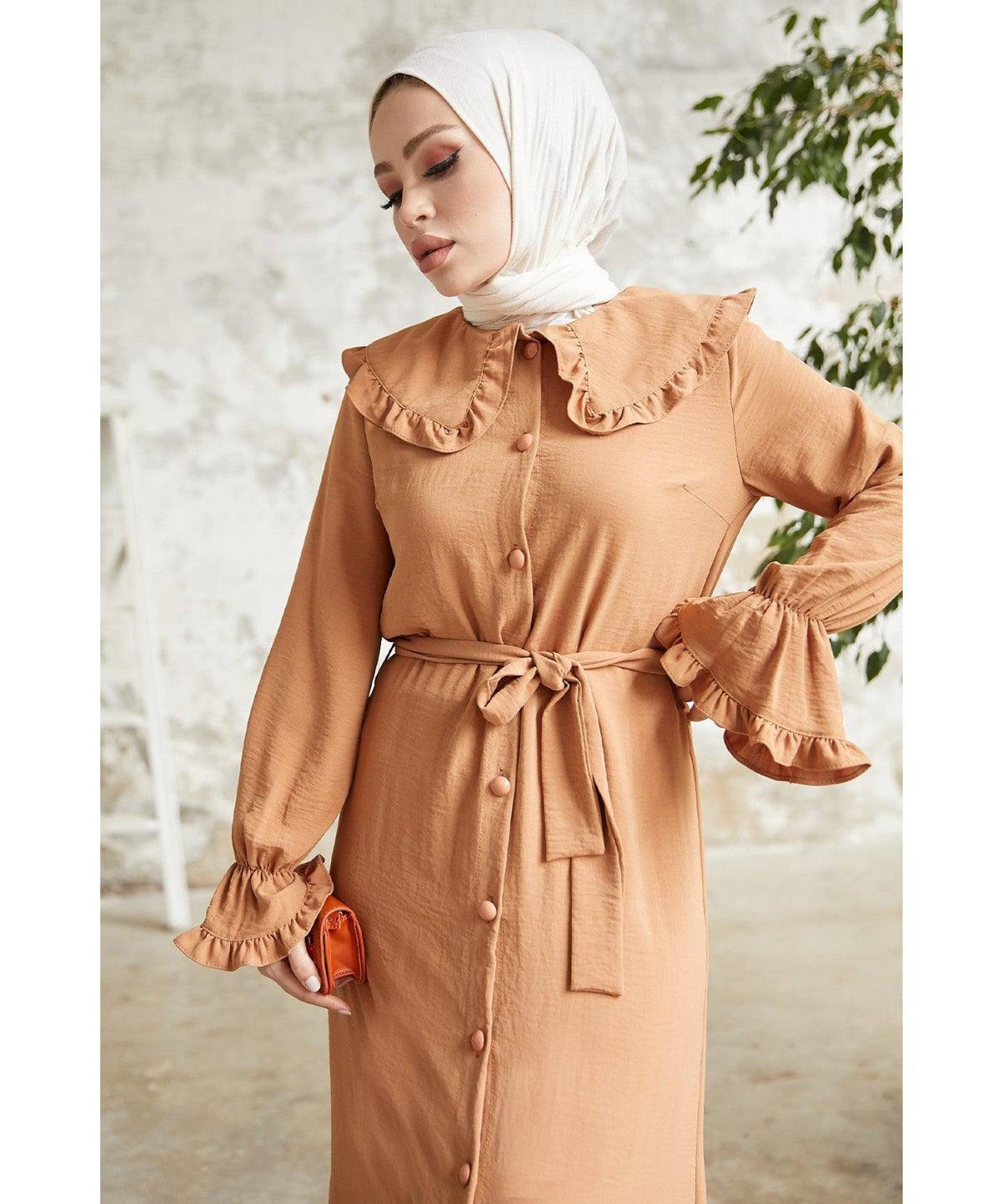 Salmon Brown Sleeve Frill Baby Collar Dress for Women