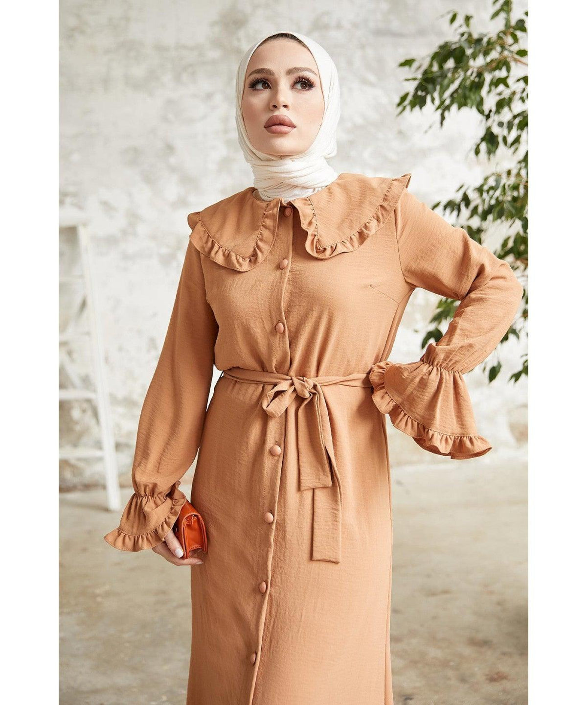 Salmon Brown Sleeve Frill Baby Collar Dress for Women