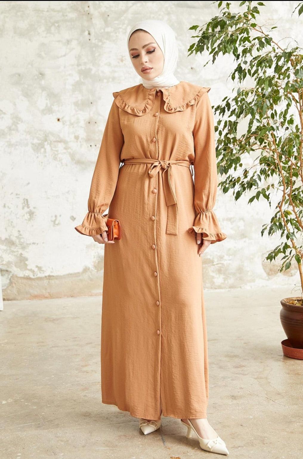 Sleeve Frill Baby Collar Dress - Salmon Brown