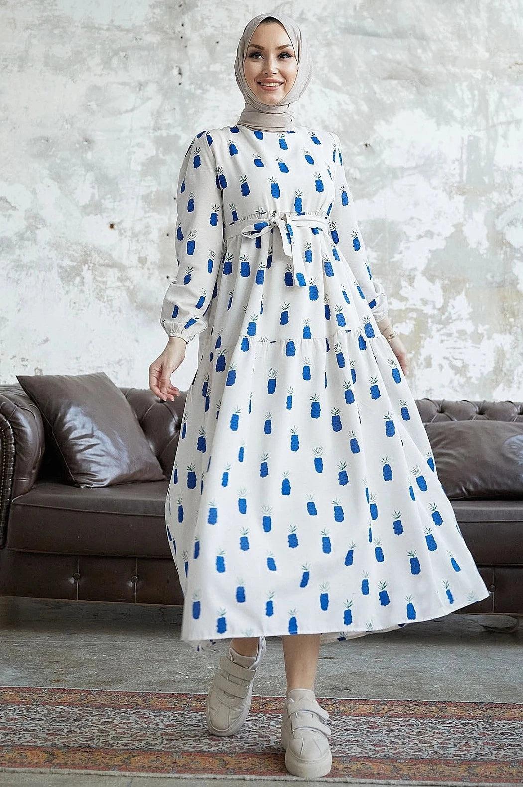 Navy Blue Pineapple Pattern Long Abaya Dress