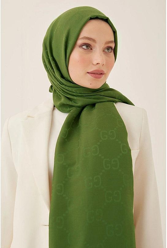 Cotton Hijab Scarf with Pattern - Khaki Green