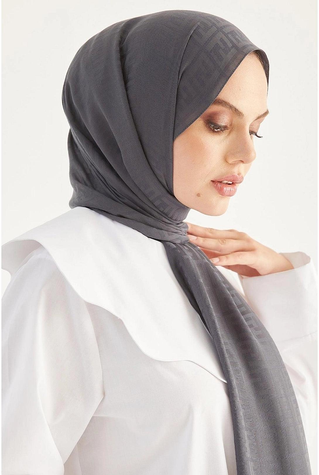 Patterned Cotton  Hijab Shawl-  Anthracite Grey