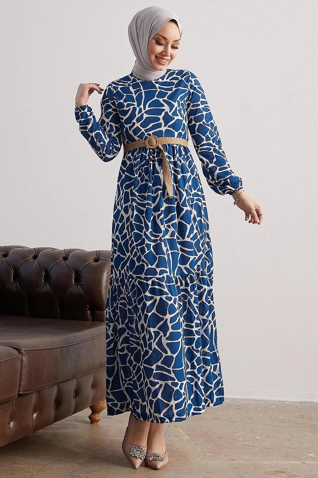 Stone Patterned Straw Belt Modest Abaya Dress - Indigo
