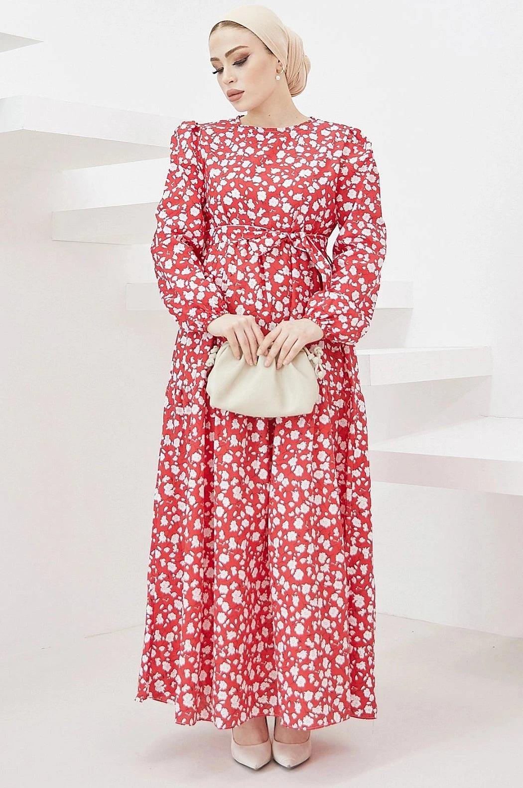 Crispy Pattern Belted Abaya Dress - Red