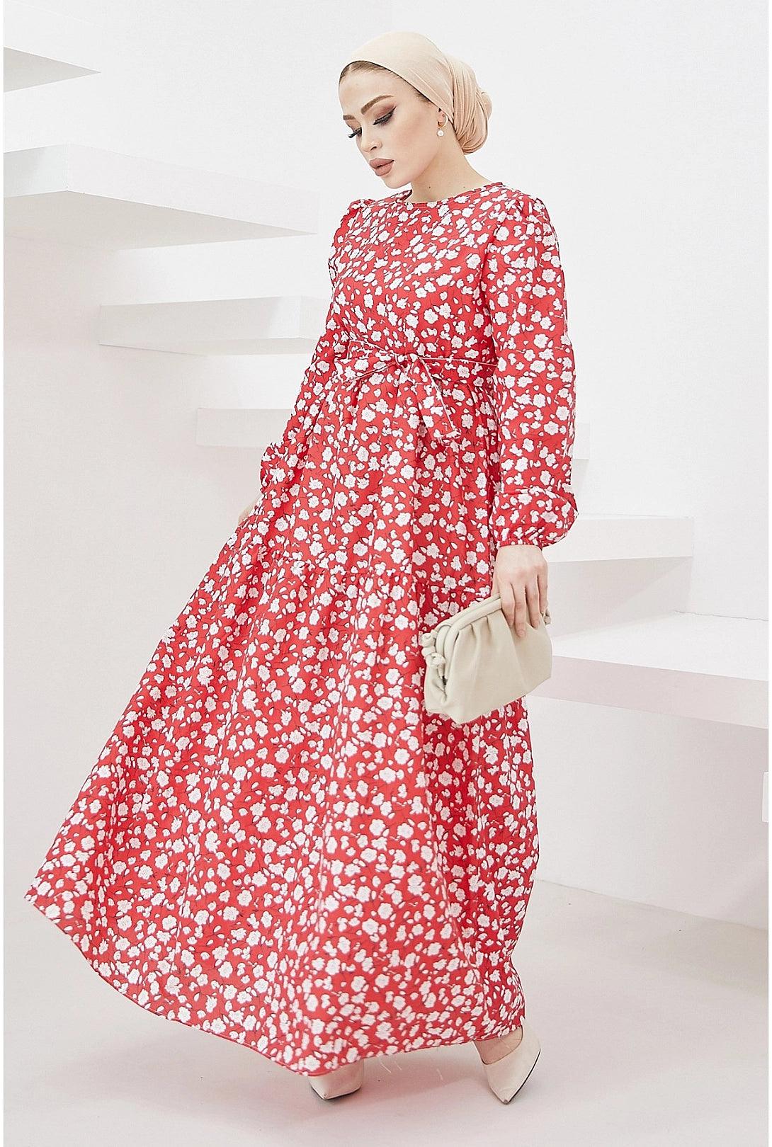 Crispy Pattern Belted Red Abaya Dress for  Women