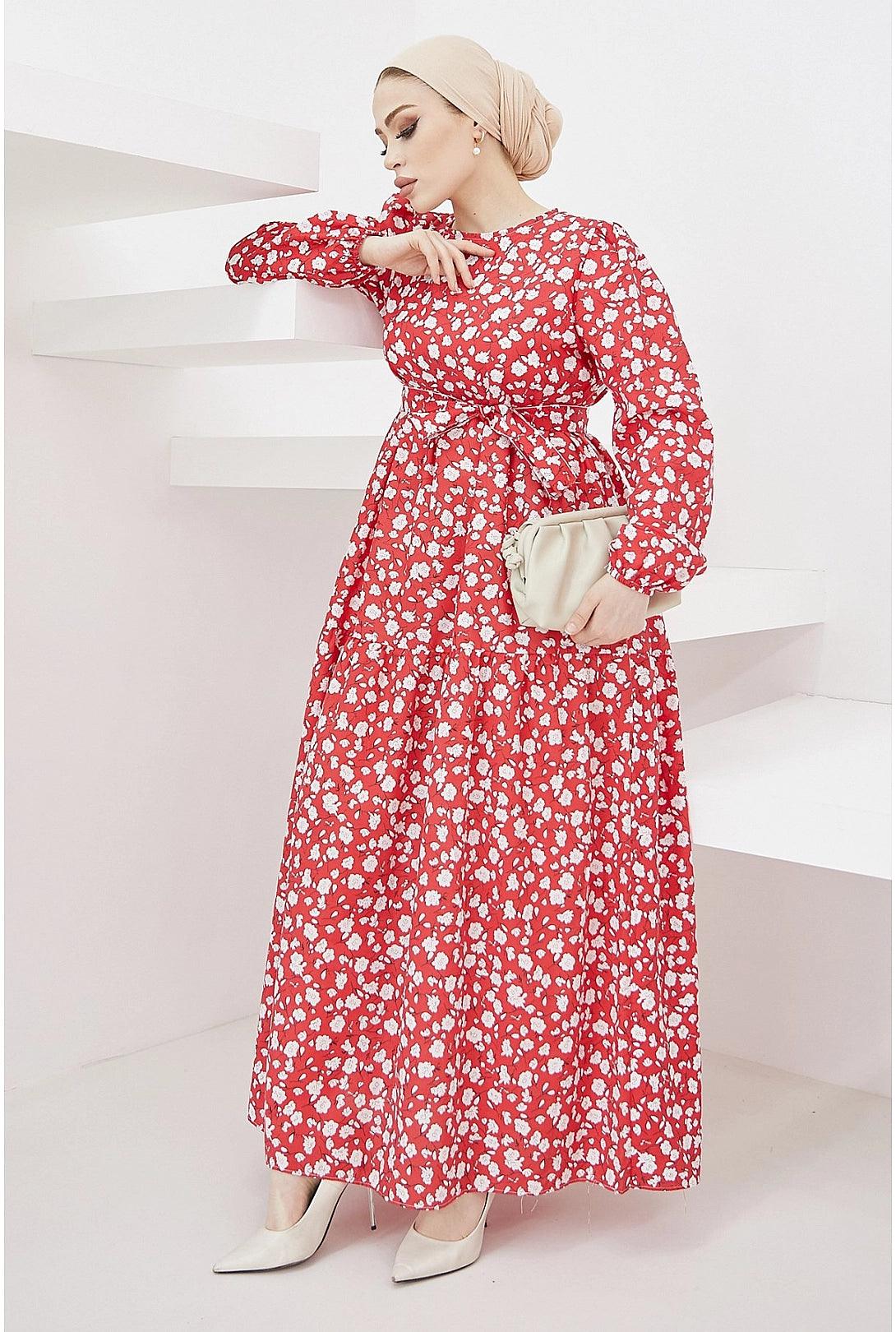 Crispy Pattern Belted Red Abaya Dress for  Women