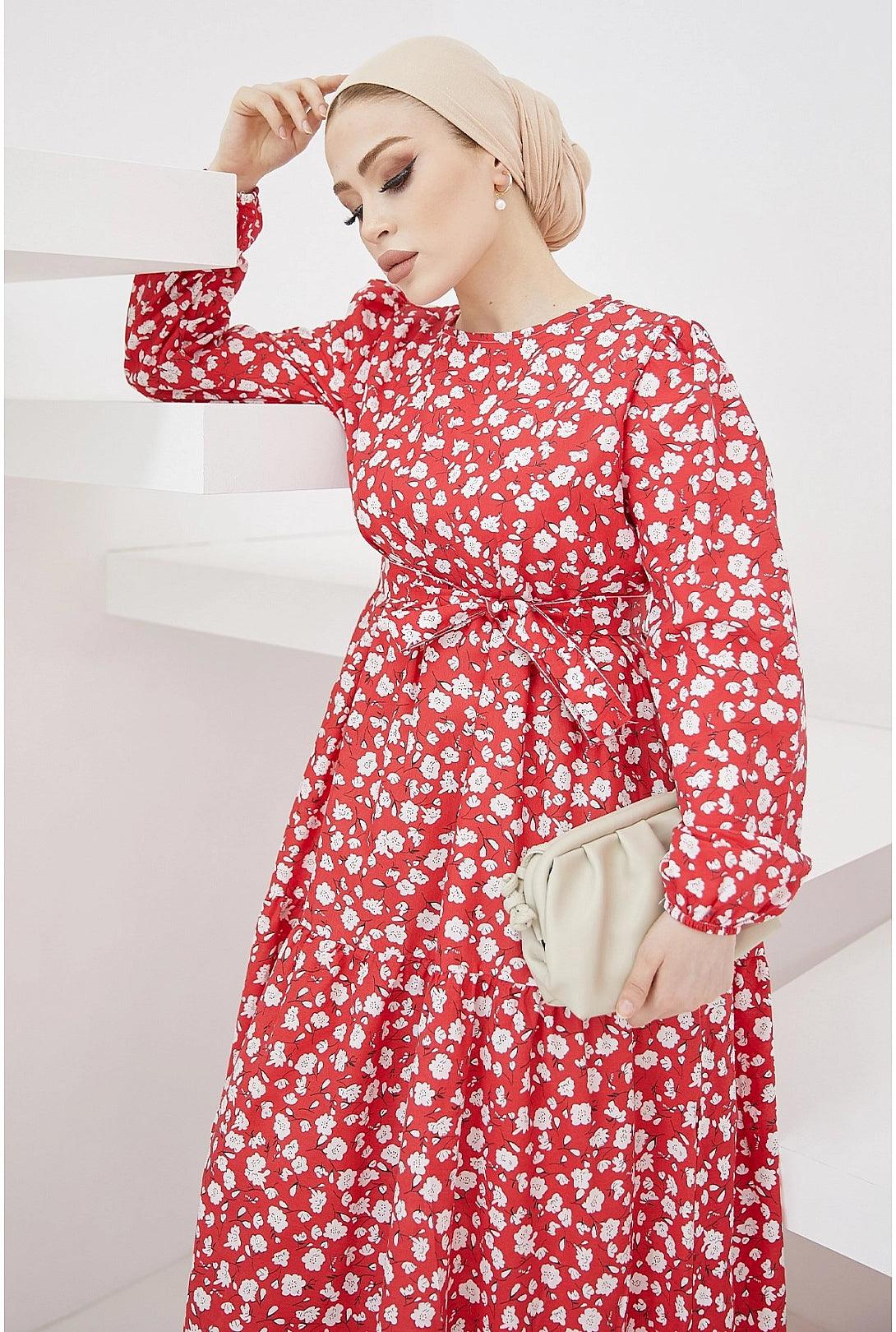 Crispy Pattern Belted Red Abaya Dress for  Women