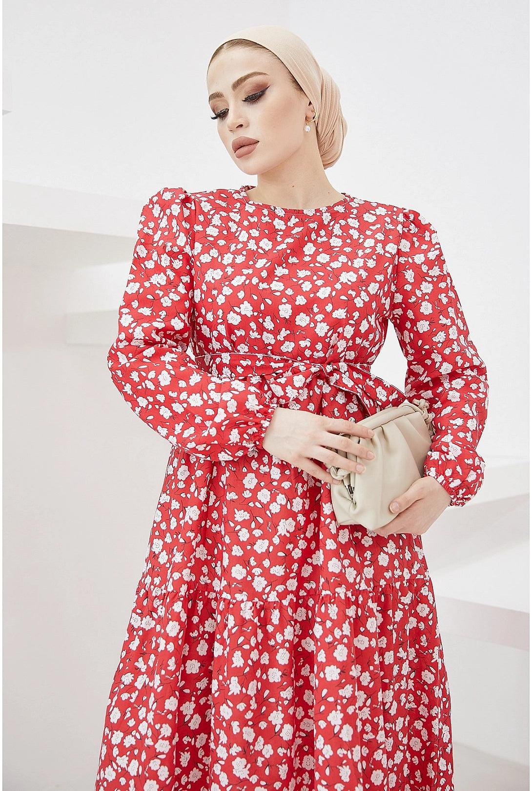 Crispy Pattern Belted Red Abaya Dress for  Women