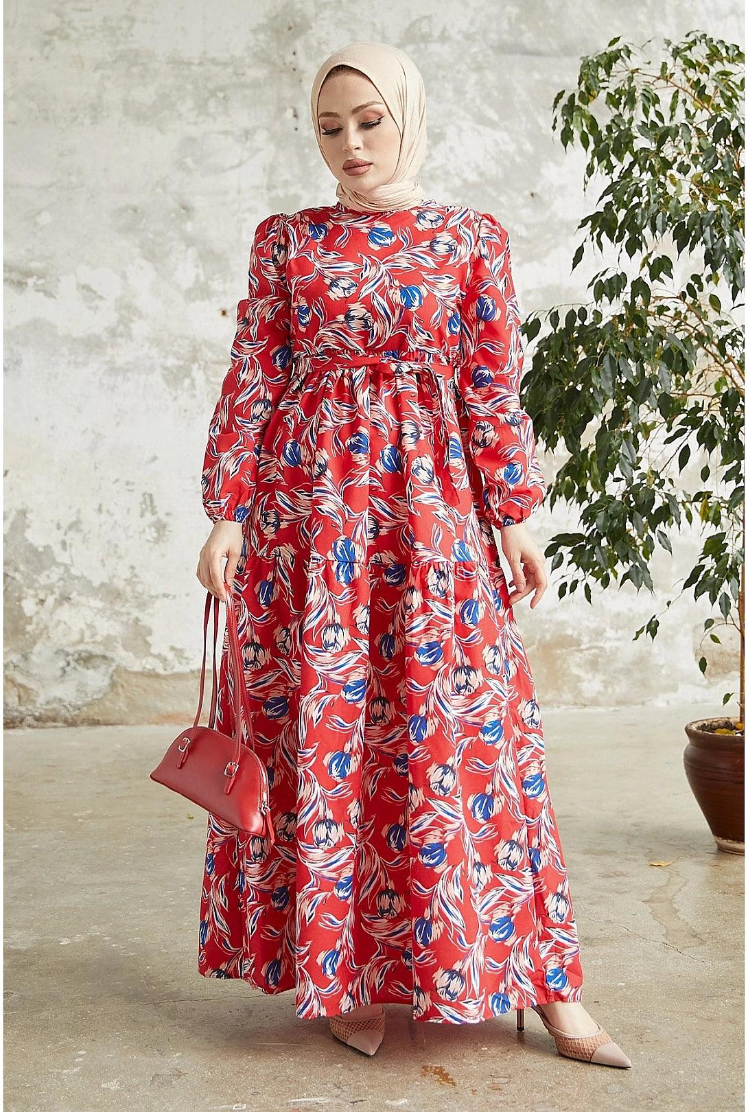 Red Floral Pattern Belted Dubai Abaya Dress for  Women