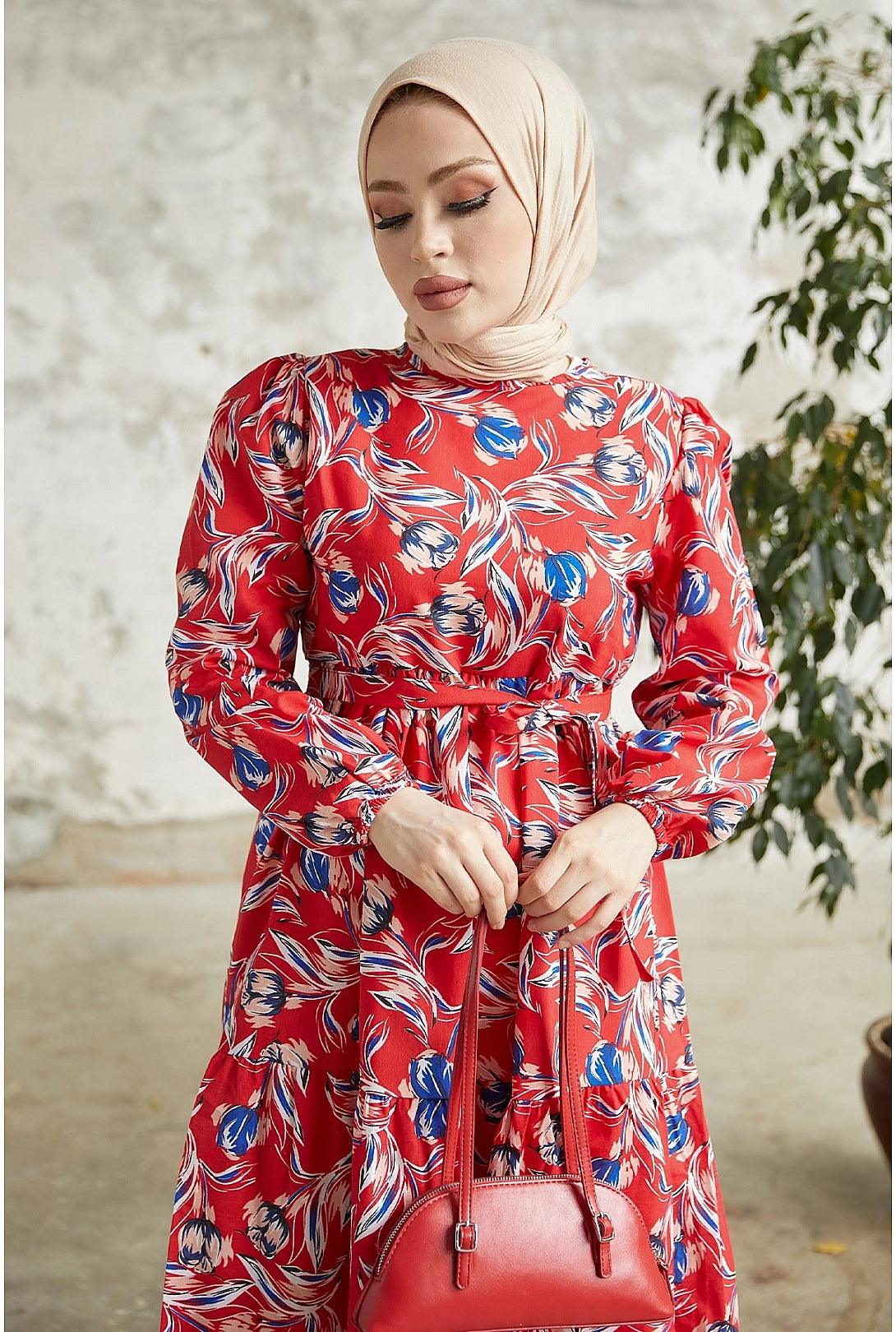 Red Floral Pattern Belted Dubai Abaya Dress for  Women