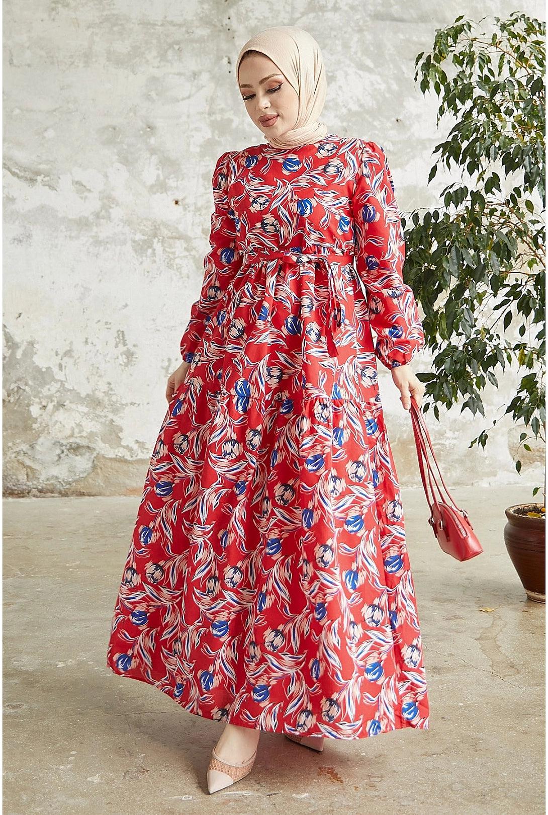 Red Floral Pattern Belted Dubai Abaya Dress for  Women