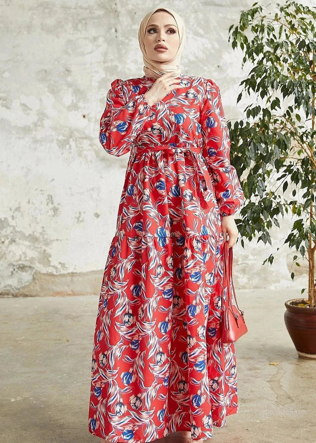 Floral Pattern Belted Dubai Abaya Dress - Red