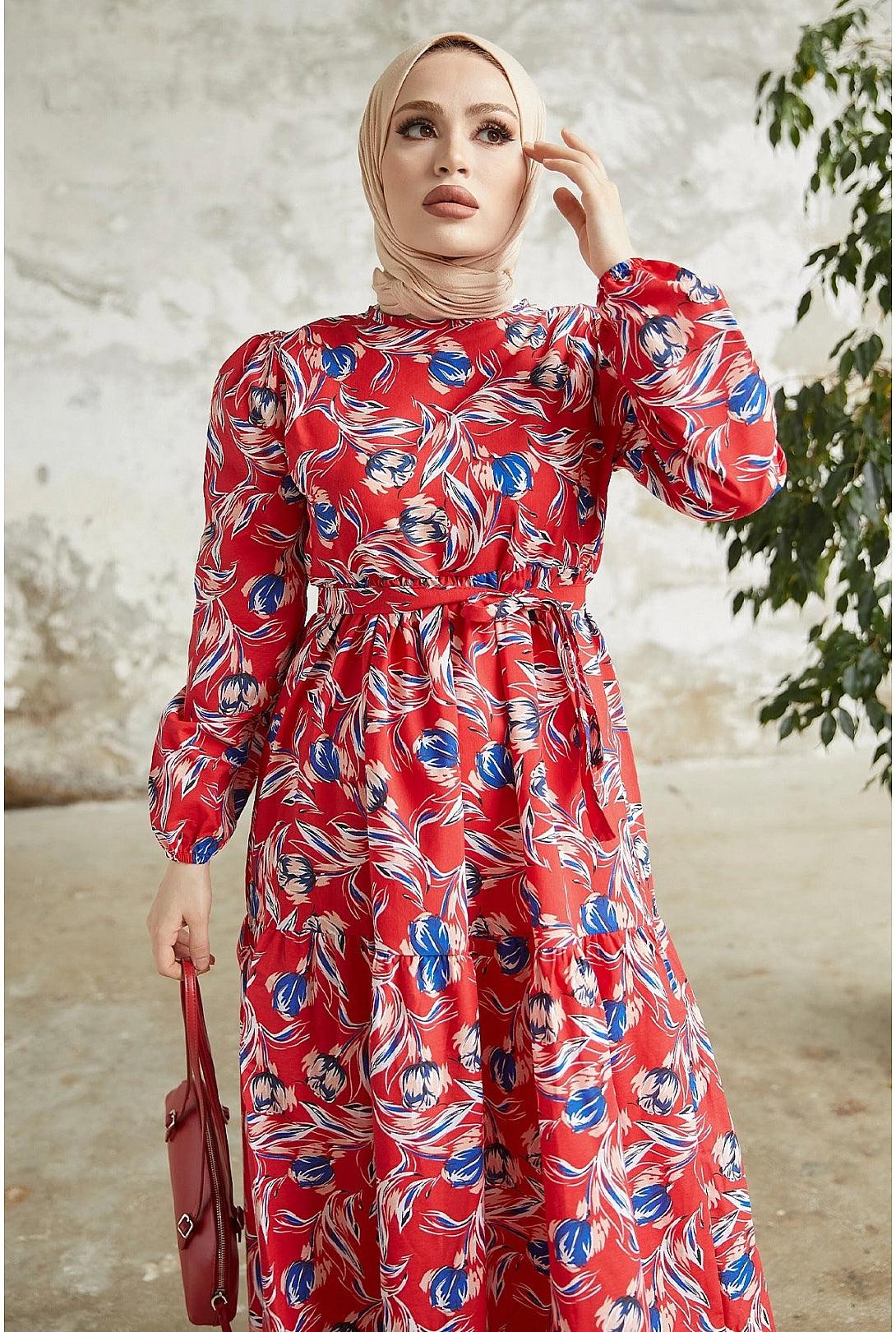 Red Floral Pattern Belted Dubai Abaya Dress for  Women