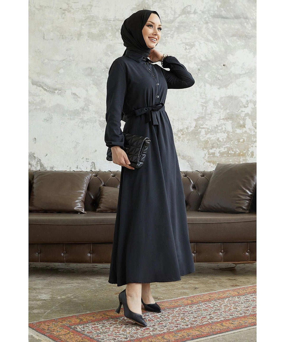 Black Eid Long Collar Abaya Dress With Buttons and Belt