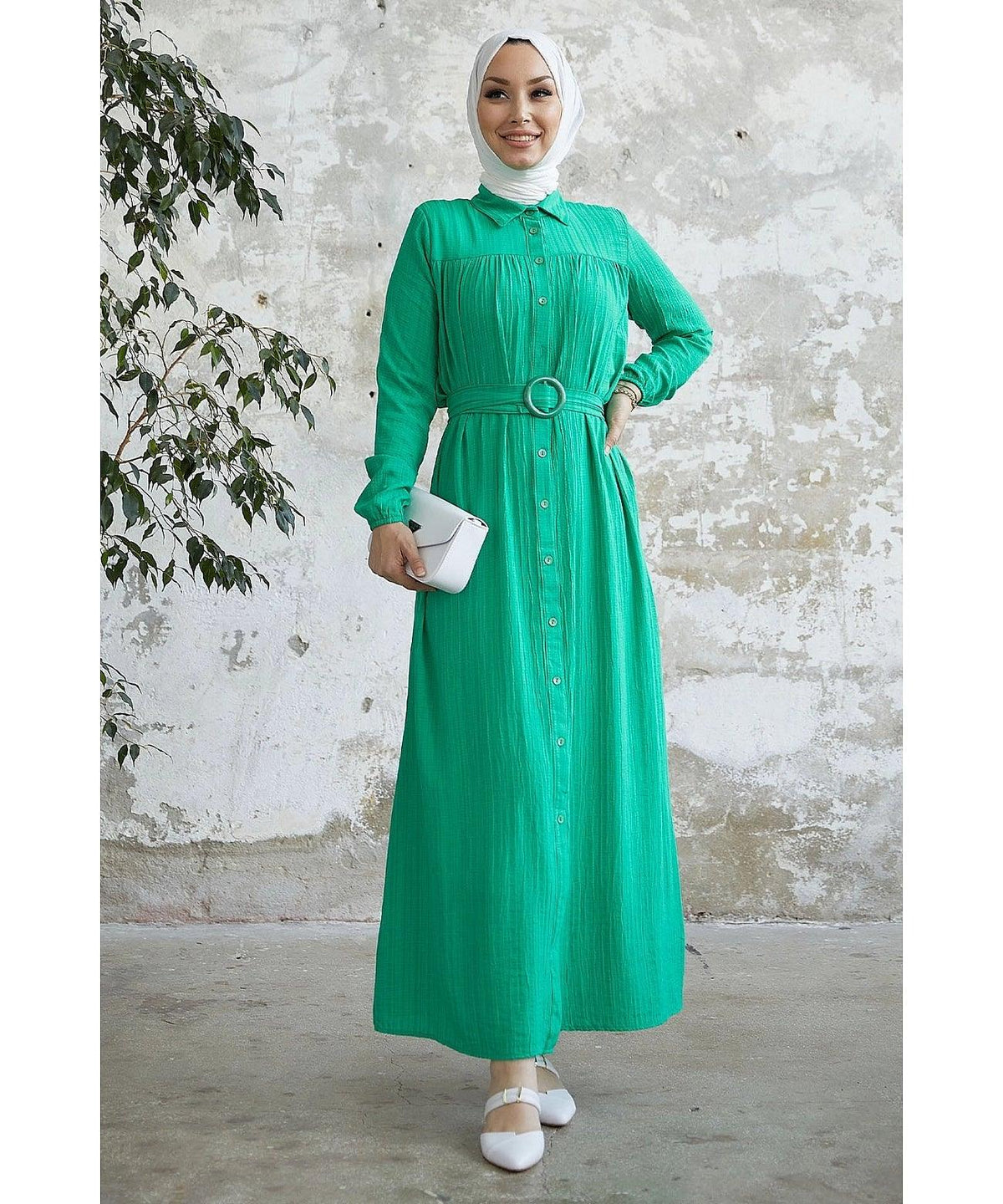Textured Maxi Eid Abaya Dress with Belt for Women