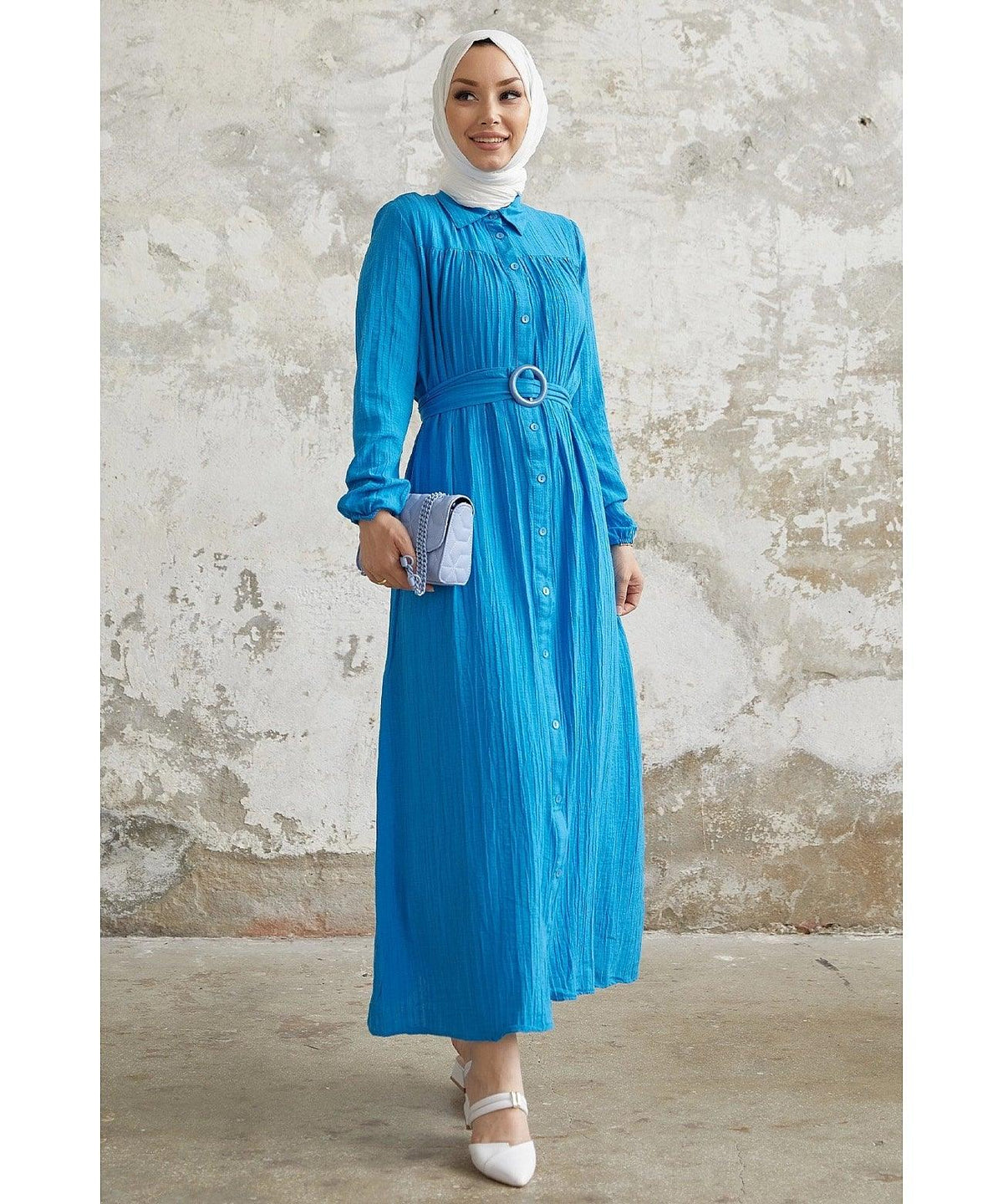 Textured Abaya Dress with Belt and Buttons for Eid Women
