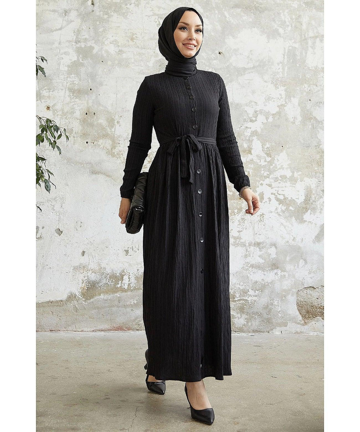 Textured Abaya Dress with Belt and Buttons for Eid Women