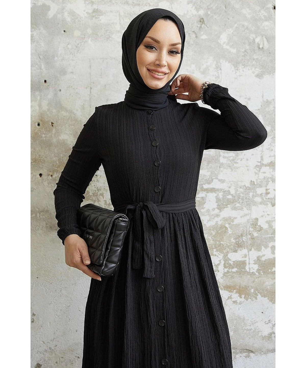 Textured Abaya Dress with Belt and Buttons for Eid Women