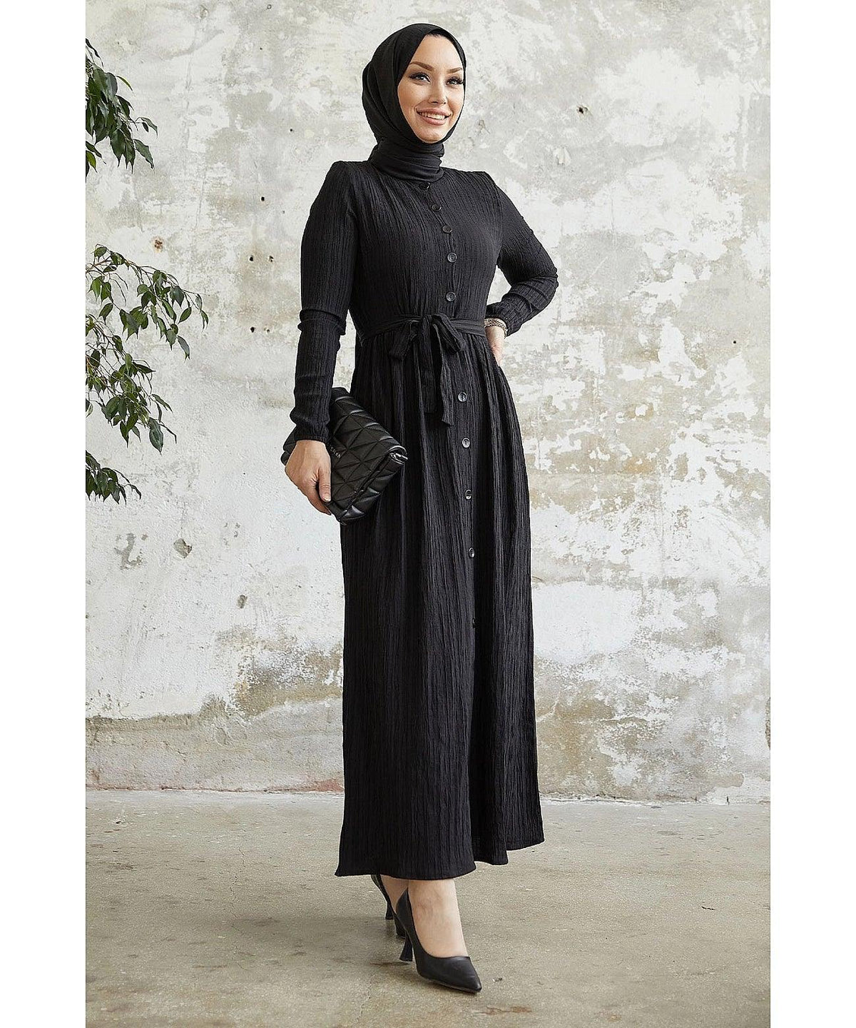 Textured Abaya Dress with Belt and Buttons for Eid Women