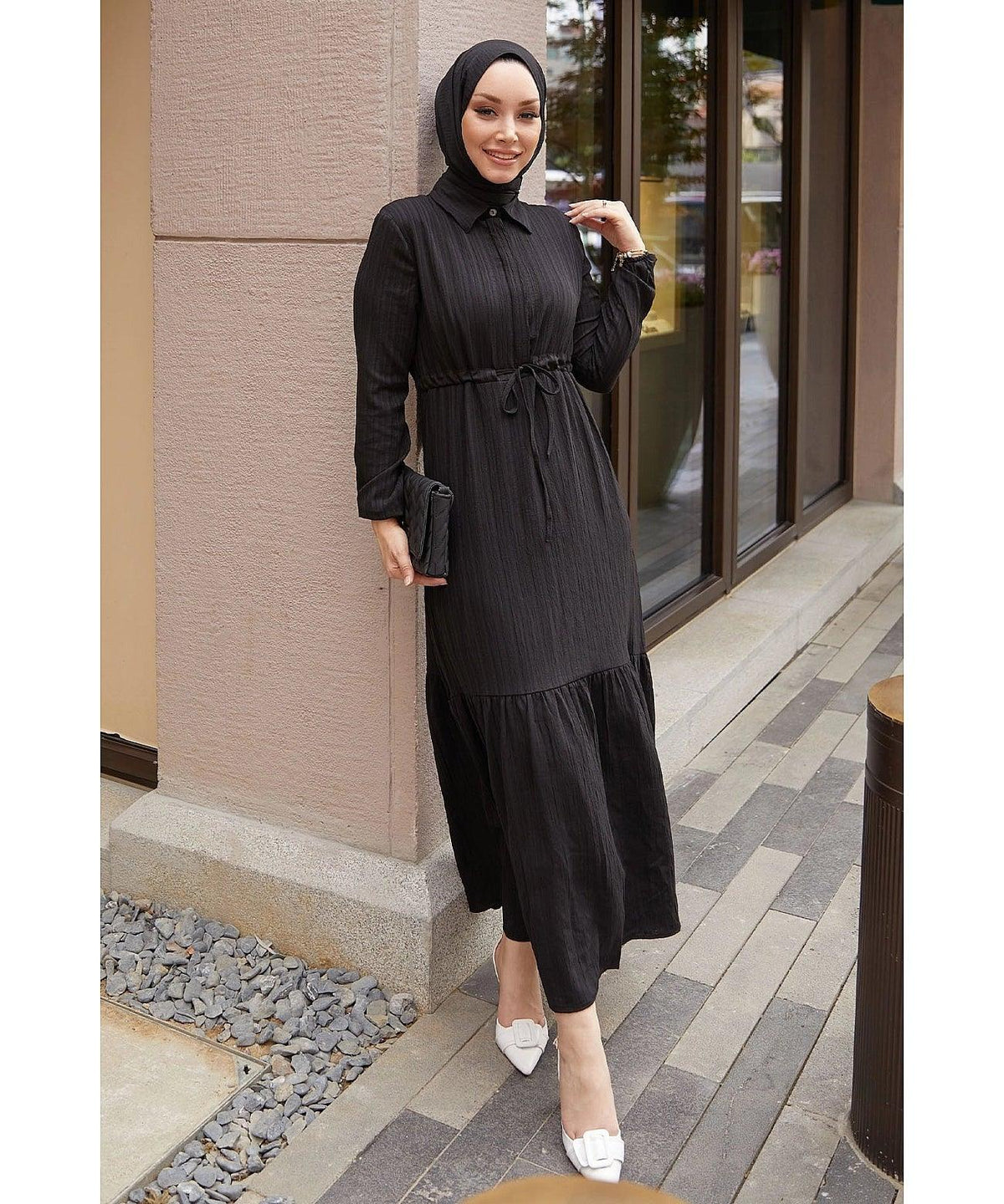 Modest Abaya Dress With Tunnel Belt for Eid