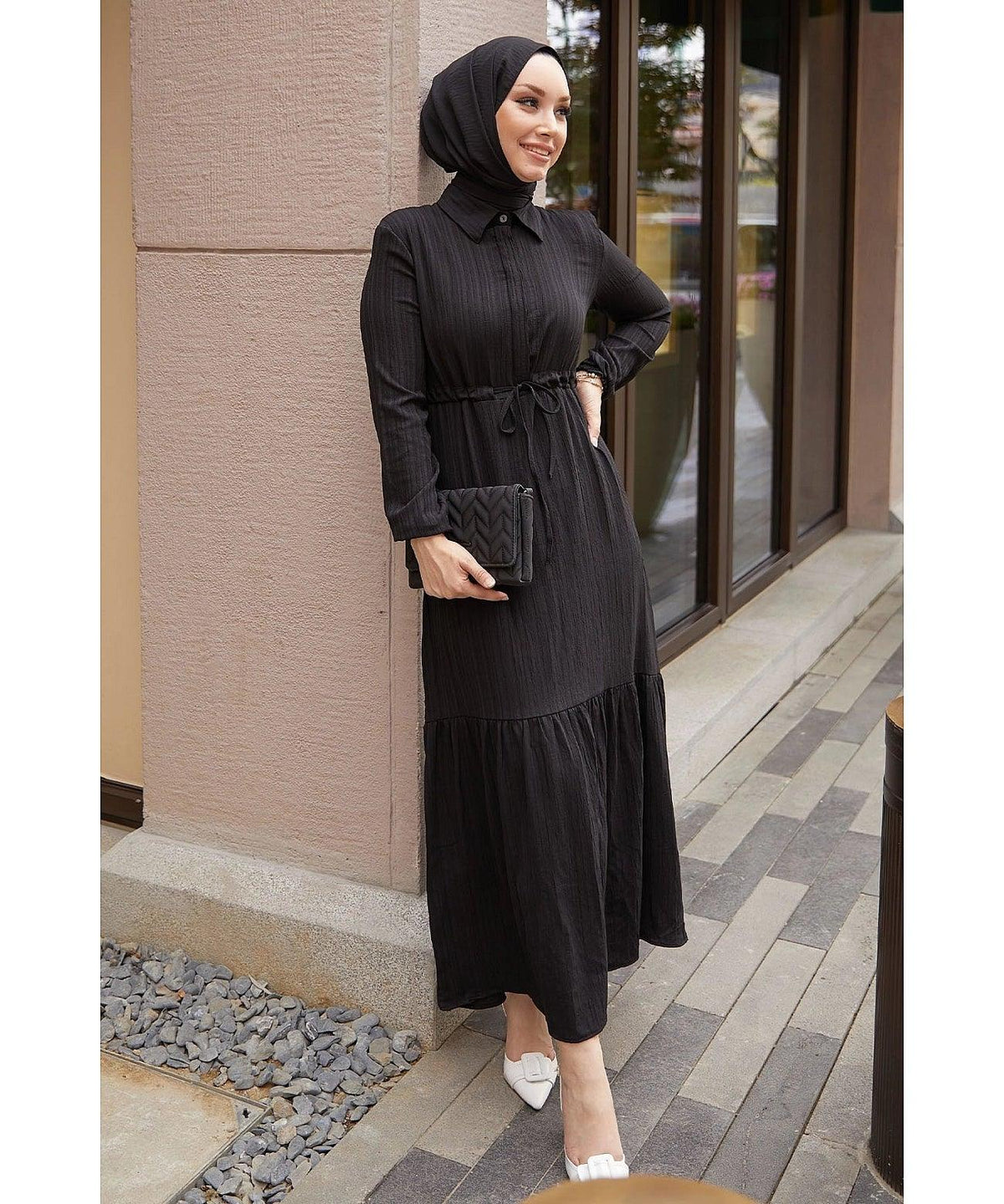 Modest Abaya Dress With Tunnel Belt for Eid