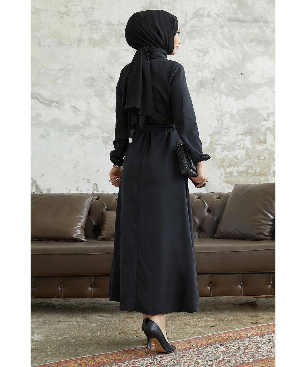 Black Eid Long Collar Abaya Dress With Buttons and Belt