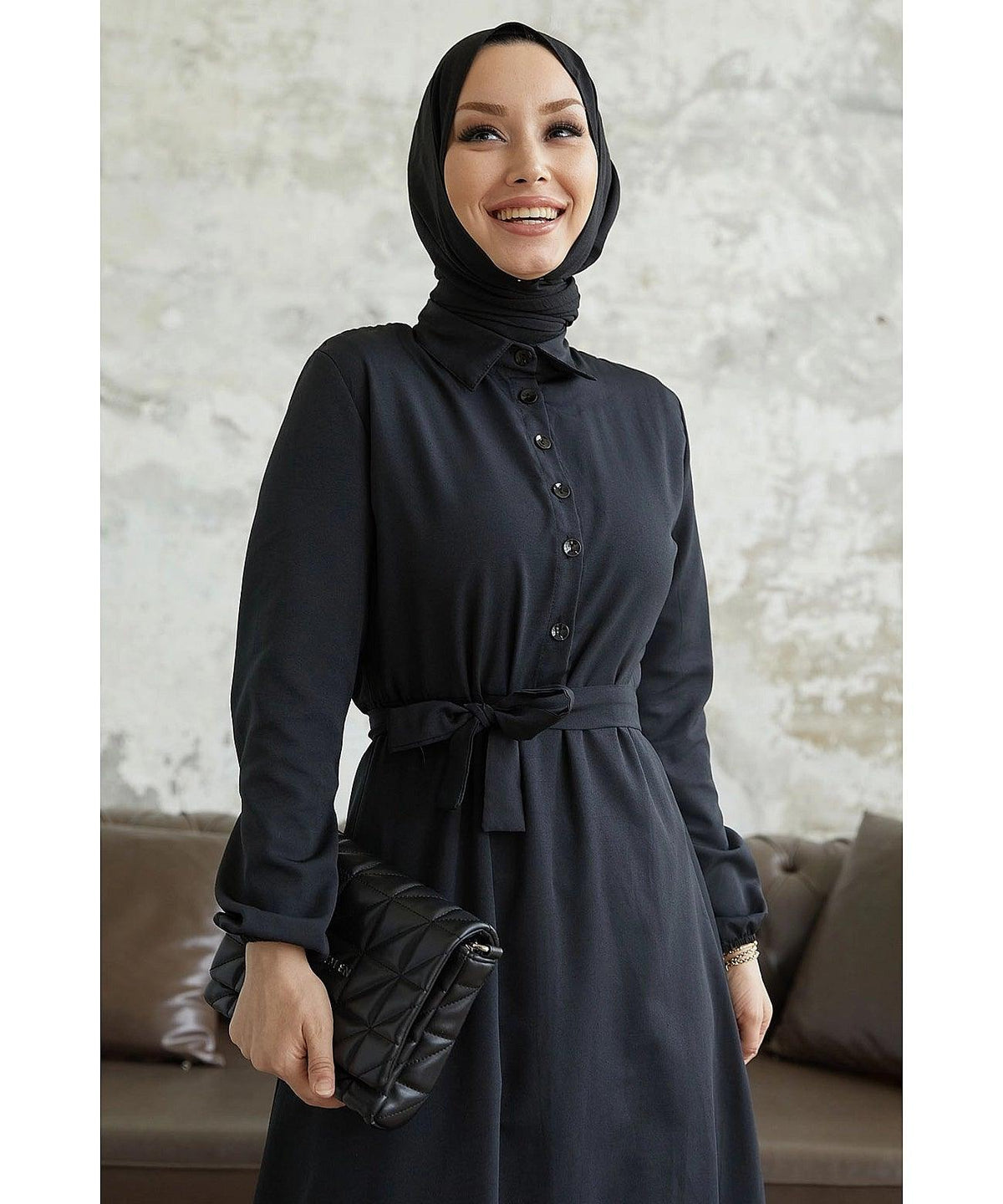 Black Eid Long Collar Abaya Dress With Buttons and Belt