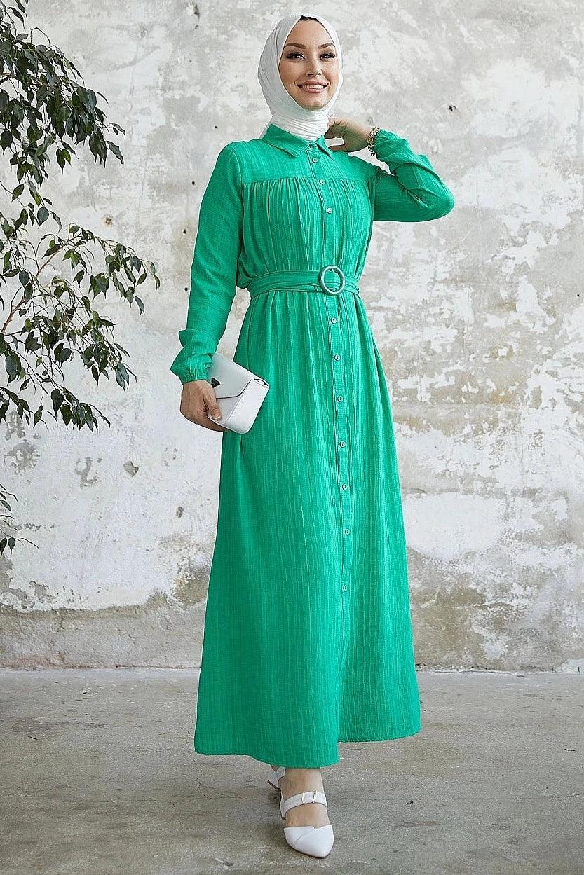 Textured Belted Abaya Dress with Buttons - Green